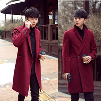 韩国新款冬季潮羊毛呢大衣中长款修身青年纯色外套帅气潮牌风衣男