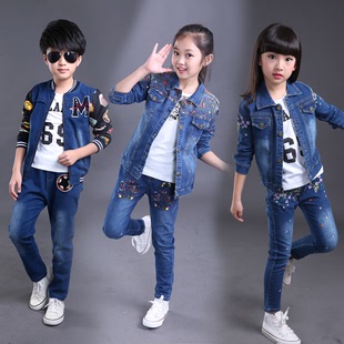 韩版童2016装儿童套装秋季新款男童女童牛仔套装中大童时尚两件套