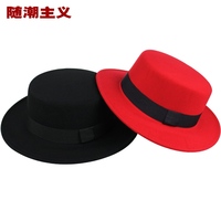 中国好声音那英同款礼帽 英伦黑色帽子 男女平顶毛呢秋冬时装帽