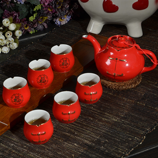 包邮结婚茶具红釉唐装婚庆红色茶具套装瓷器茶壶茶杯敬茶礼品套装