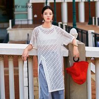 AudreyWang2017夏装新款欧美时尚清凉微透直筒针织中长T恤上衣女