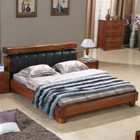 现代中式 卧室家具榻榻米实木真皮床 1.8米双人床 软靠榆木床