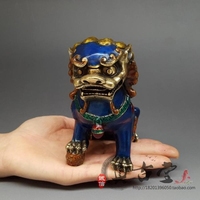 仿古铜景泰蓝狮子摆件一对 纯铜狮子装饰古玩铜器收藏品工艺礼品