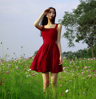 2015夏装新款文艺复古无袖收腰百褶连衣裙红裙 饱满鲜艳 哈拿服饰