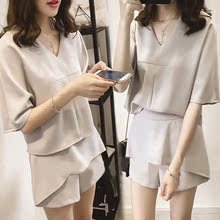 2016夏季新款时尚女装韩版小香风短袖雪纺上衣休闲短裤裙两件套装