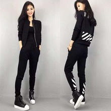 2016秋装新款韩版大码女装时尚运动衣长袖女士套装两件套黑色条纹