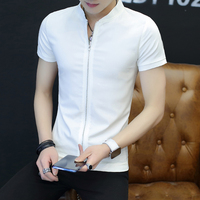 夏季新款男士短袖T恤韩版百搭打底衫时尚拉链立领半袖青年体恤潮