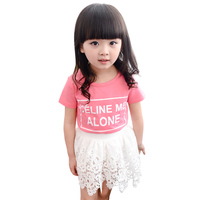 女童纯棉套装2015韩版新款时尚卡通字母T恤公主范花边腰裙两件装