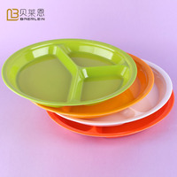 中式快餐三格盘仿瓷盘密胺餐具彩色圆盘工厂餐厅饭盘菜盘塑料盘