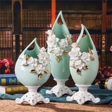 欧式陶瓷花瓶客厅摆件创意雕花描金绿色插花瓶家居饰品装饰摆设　