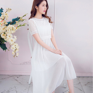 2015夏装韩版女装 气质假两件镂空网纱雪纺短袖长裙 连衣裙C085