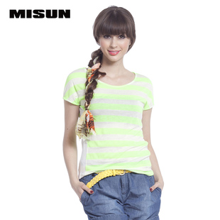 MISUN米尚2015夏季新款清新条纹撞色拼接圆领修身短款T恤