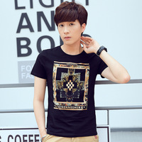夏季新款男式豹头印花短袖T恤韩版修身纯棉圆领体恤青年个性男装