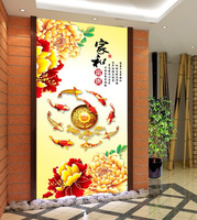 玄关 大型壁画 个性无缝壁纸3D立体墙纸中式中国风九鱼图家和牡丹