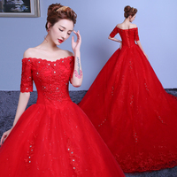 主题服装新款外景大红色长拖尾婚纱礼服甜美影楼摄影一字肩中袖女