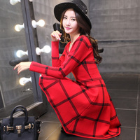 2015秋装新款韩版时尚气质格纹针织显瘦修身圆领红色打底连衣裙女