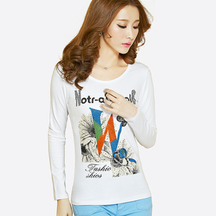 2015秋装新品韩版女装字母印花t恤 女式长袖T恤衫修身女款打底衫
