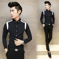 新品特价尖领衬衫修身衬衣秋季印花韩版几何图案男装长袖青年