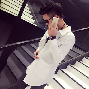 韩版修身中长款衬衫春秋季新品背后猫咪印花图案黑白炫酷潮男外套