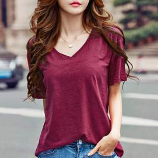 美与乐趣V领宽松短袖女T恤潮装纯色竹节棉体恤衫韩国夏季大码上衣