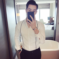 香港潮牌男士长袖衬衫韩版修身型时尚线条印花衬衣英伦潮男寸衫