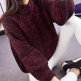 2015新款韩版半高圆领宽松短款套头毛衣女长袖加厚花色针织衫潮