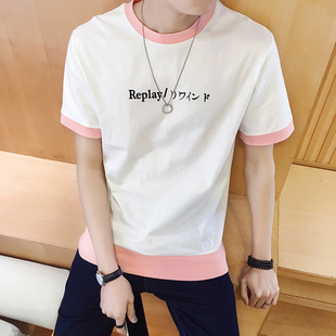 日系男生t恤短袖韩版夏季圆领字母印花男体恤宽松半袖潮男士t恤衫