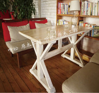 实木餐桌米字腿直角咖啡桌 田园餐桌椅组合复古做旧 家用餐馆定制