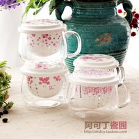 樱花玻璃花茶杯 ZAKKA创意居家办公室带盖耐热陶瓷内胆过滤茶水杯