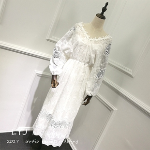 韩版两件套灯笼袖白色仙女裙钩花蕾丝连衣裙女2017新款秋季长裙潮