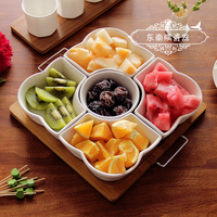 日式干果盘陶瓷零食点心拼盘分格小吃子瓜子坚果水果盘子竹托组合
