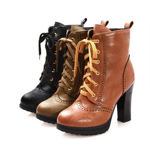 包邮 秋冬新款40-43女靴系带粗跟马丁靴潮女短靴高跟短筒靴子