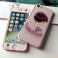 粉色苹果6s手机壳钢化玻璃膜苹果7plus卡通彩膜前后膜5s加边框