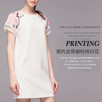 2015新款简约直筒连衣裙夏季宽松白色短袖t恤雪纺裙修身显瘦印花