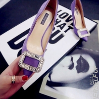 高端品质紫色水钻单鞋欧美方扣绒面尖头高跟鞋欧洲站高档细跟女鞋