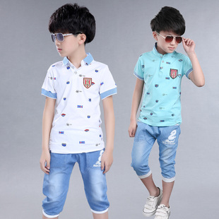 男童套装2016夏季中大童韩版条纹领T恤牛仔裤套装两件套一件代发