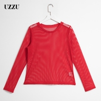 UZZU女装2017夏季新款内搭圆领透视网格打底针织衫修身短款上衣