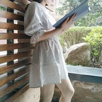 2016夏季新款韩版女装露肩一字领竖条纹连衣裙短裙收腰显瘦公主裙