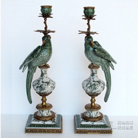 美式乡村 欧式仿古绿色陶瓷鹦鹉铜雕装饰烛台 工艺摆件家居饰品