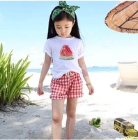 韩国正品女童装2015夏装新款 女童小清新西瓜T恤+格子短裤套装 2