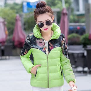 棉衣女2015冬装新韩版修身显瘦立领短款羽绒棉服拼接印花色小外套
