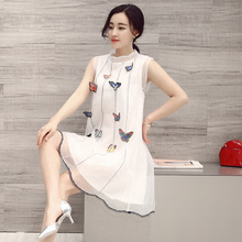 2016年新款夏季韩版时尚修身显瘦无袖中长欧根钞连衣裙特价女1293