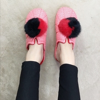 新款韩版秋冬季pu皮厚底防滑室内时尚毛球棉拖鞋保暖居家居月子鞋