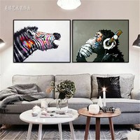 猩猩波普风油画手绘斑马动物客厅装饰画无框画卧室床头挂画特惠