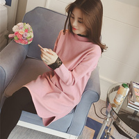 2015冬装韩国新款甜美纯色蕾丝拼接针织连衣裙女套头毛衣连衣裙