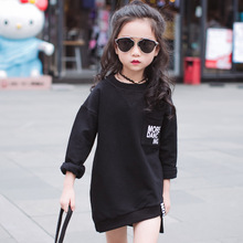童装黑色套头2016秋装新款女童长袖卫衣韩版中长款儿童抓绒T恤