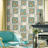 法式新古典风格壁纸 客厅沙发壁纸背景墙 蓝色艺术书房墙纸