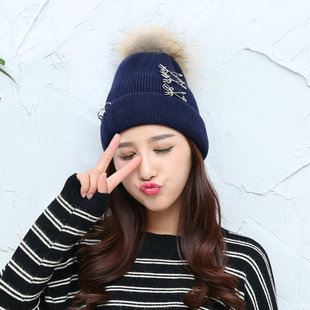 新款高顶纯色毛线帽子真毛球女士韩国秋冬天时尚保暖针织帽金属环