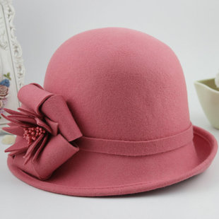 高端立体山茶花纯羊毛呢帽子礼帽女秋冬天甜美粉色复古盆帽渔夫帽