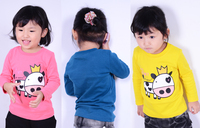 2015新款韩版男女童装 纯棉春秋长袖圆领印花T恤 可爱小牛 三色